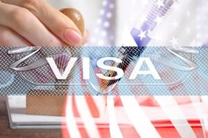 Visa to United States of America, multiple exposure with national flag of USA