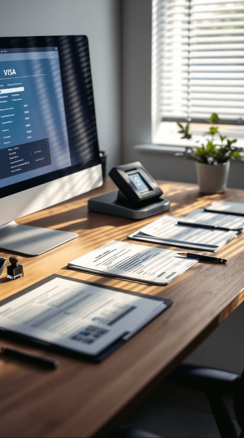 Desktop with visa application documents, a computer showing visa details, and a neatly organized workspace.