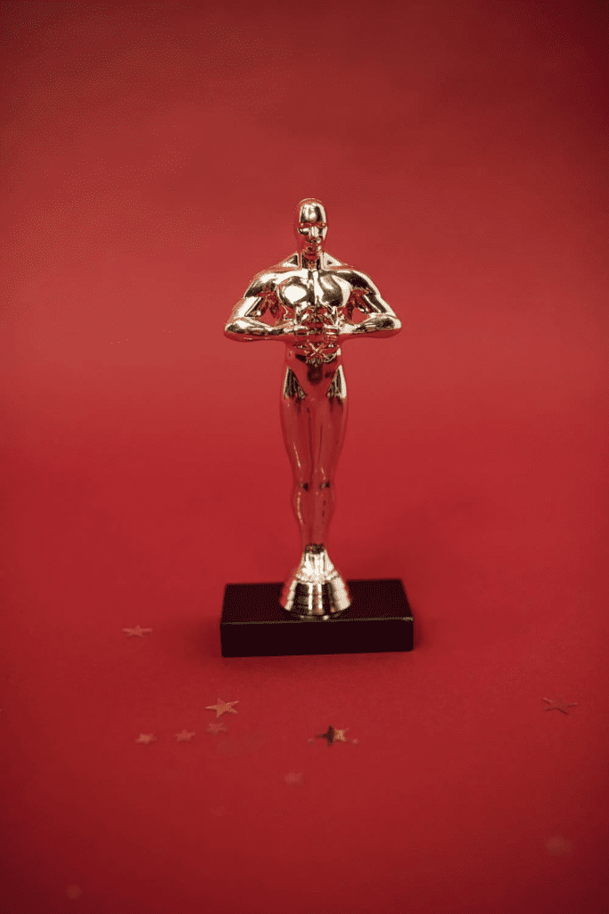 A close-up view of an Academy Award trophy, symbolizing extraordinary achievement.