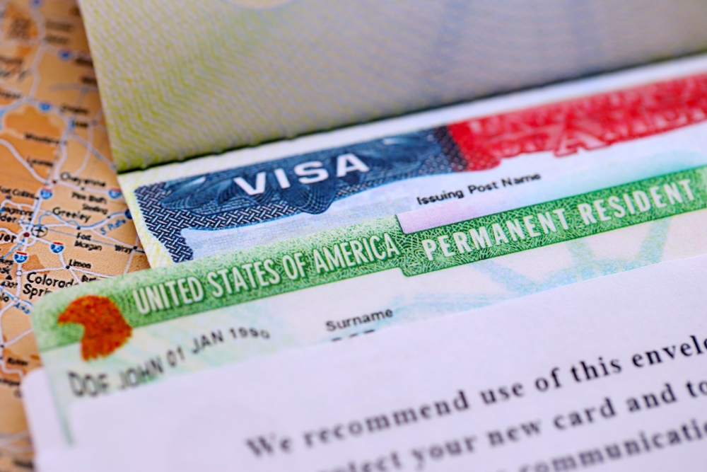 U.S. VISA United States of America. American Lottery Green Card Visa on USA map background